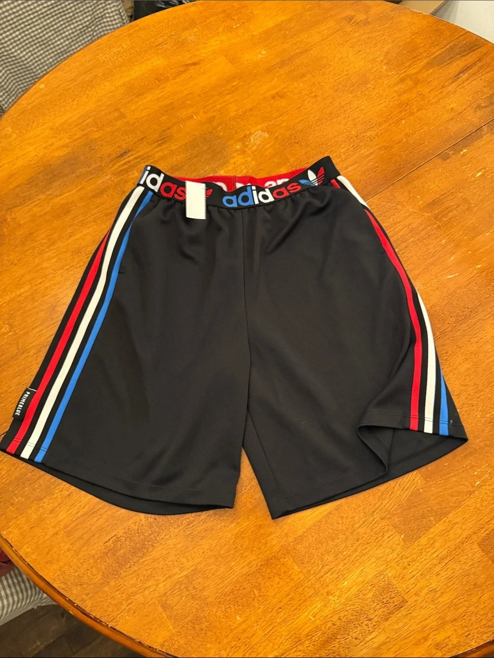 Adidas Men’s Black Athletic Shorts with Red & Blue Stripe Medium